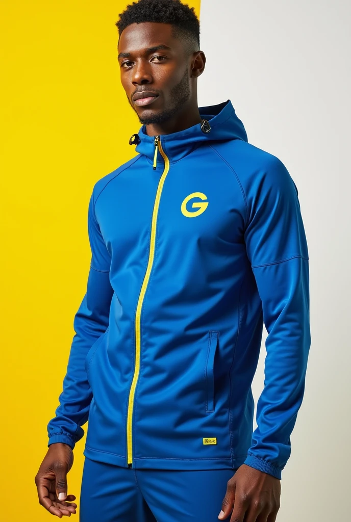 Modern sports brand name "GALIMER" in blue colors, yellow and white for my men's sports warm-up clothes.