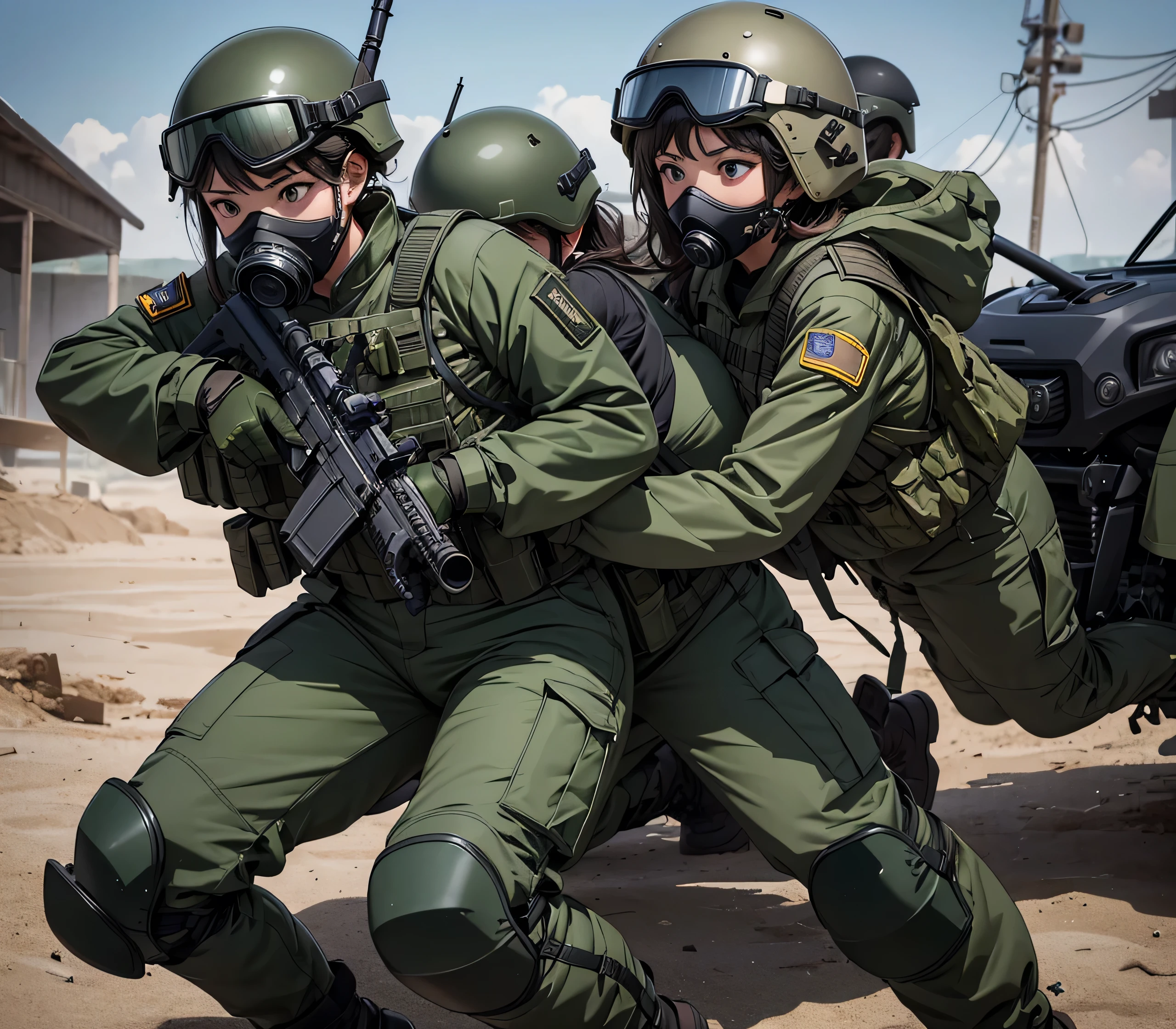 A group of female special forces soldiers being attacked、All wear dark green M-51 military uniforms、Put on a helmet、Wear goggles、wearing gas masks、Military Pants、Knee pads、Write details、masterpiece、best quality、Highly detailed CG、8K picture quality
