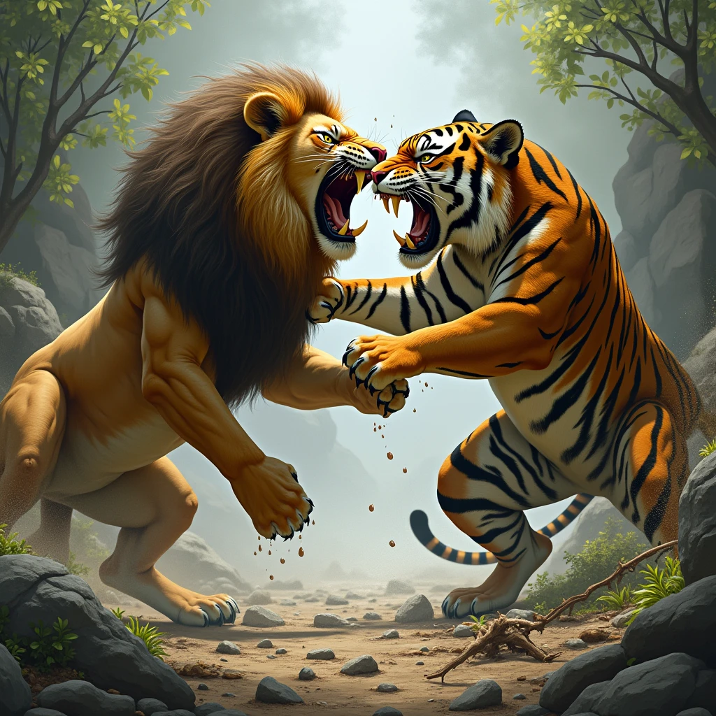 A Lion fighting with a Tiger