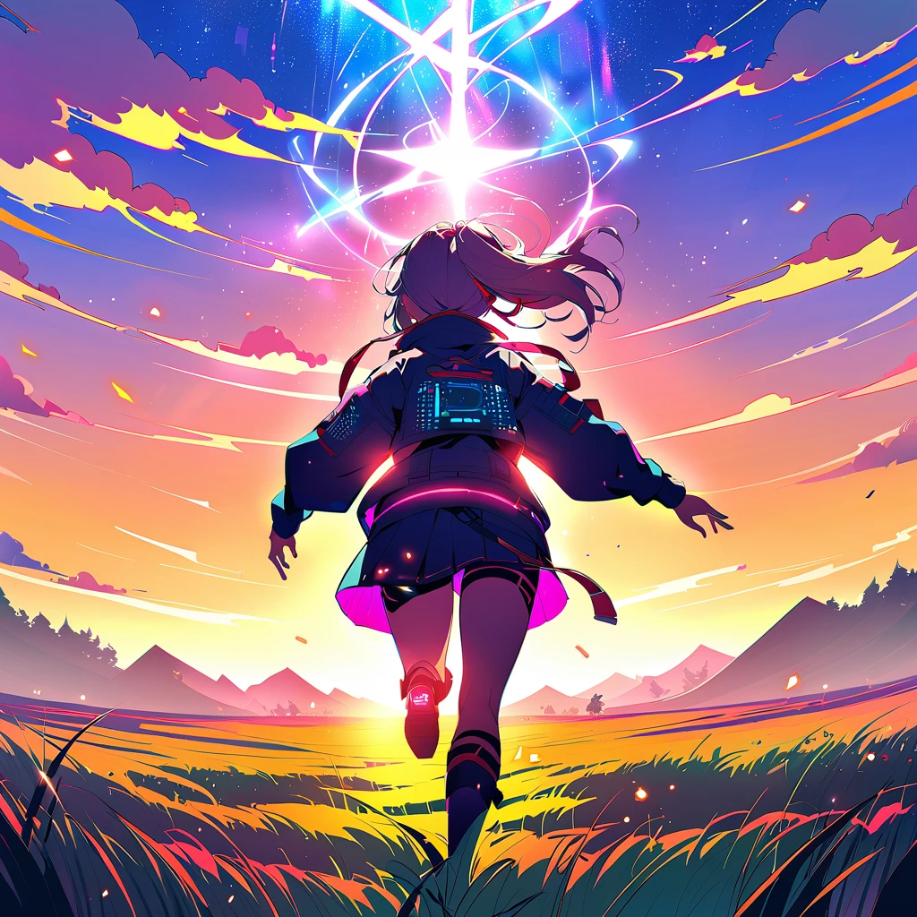 ((masterpiece)) Japanese anime style.cyber punk. cyber-punk. Woman running in a grassy field. Cine illumination particles. epic scene. Light clouds in the sky, intense pasty colors. bright coloured. lot of details. 8k.