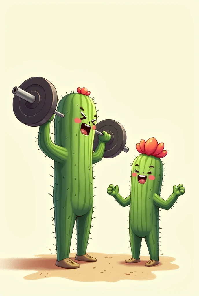 Two cactus, em formato de desenho, man and woman, with feet, in which the male cactus is doing snatch and the female is cheering, no tail