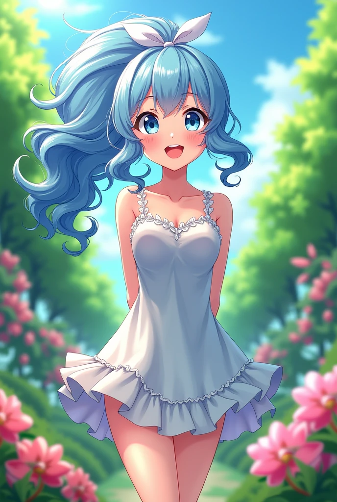 anime girl with curly hair. Blue eyes, long ponytail, laughing, hands behind her back, wearing a short, ruffled dress, standing in the garden