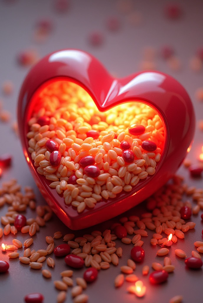 A heart filled with rice and beans , with 3D lights and shadows