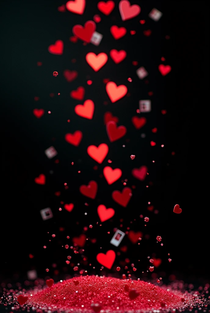 black background with pink and small red hearts, with the effect as if they were falling, with several polaroids hanging, with tiny particles of white glitter falling, as if it were the wall of a room