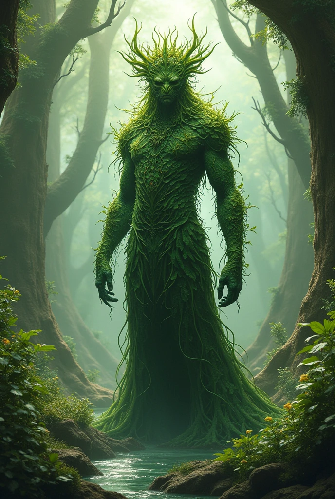 Sylfendrén is a gigantic being, with a body formed by roots and bark, but with an ethereal touch. Her skin glows slightly with a soft green light, as if the very essence of life flows through it. Instead of a completely arboreal appearance, Its form is more fluid and changing, adapting to the environment. It has leaf-like wings that unfold when it needs to move quickly.. His eyes are spheres of golden light, reflecting the wisdom of the centuries.