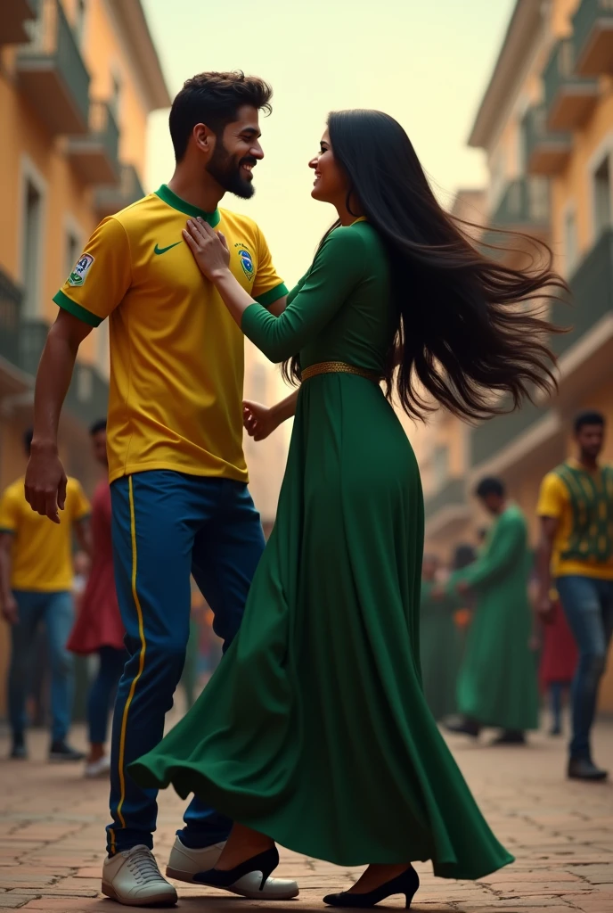 Create an image of a Brazilian man wearing the national team jersey, with cap and glasses, dancing a Saudi woman dressed in a black veil and all black clothing as a typical Saudi Arabian dress 