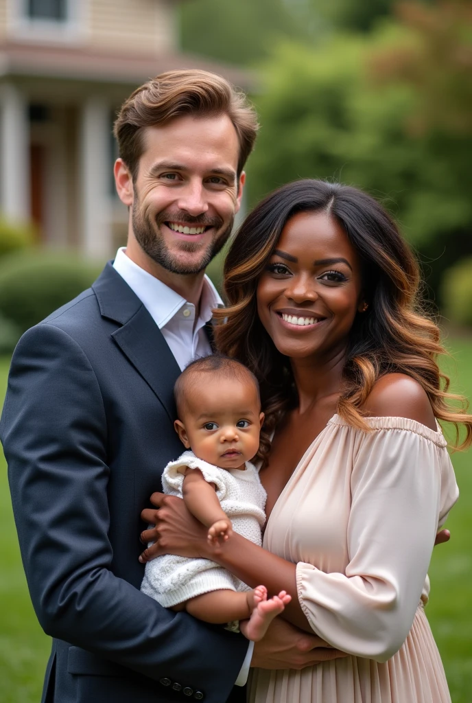 family composed of a white man, chestnut hair, charming smile formal wear green eyes, black woman wavy brunette hair with highlights, light brown eye, white child, Green Eye, medium brown hair and 3  brunette, photo background a backyard of a house 