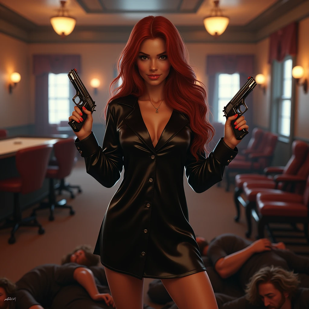 wide depth of field, wide depth of focus, f/11 lens setting, all objects in focus, full color image, woman two chrome pistols, holding 2 pistols, large fraternity house game room, full body image, (black long sleeve, shiny satin sleep shirt), woman posing with two pistols, long redhead hair, confidant smile, pure form, intricate details, 8K post-production, high resolution, super detailed, Popular topics on Artstation,, Studio photos, intricate details, Very detailed, she stands in the middle of the room and she is surrounded by a large pile of defeated men laying unconscious with closed eyes on the floor