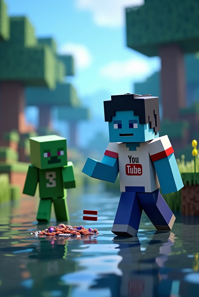 Create a picture in a beautiful Minecraft world with the shader Complementary.exe where on the right a blue skin with a YouTube symbol in young with the name Jampar which points to a mob dropping random loot on the ground on the left is a green creeper which is between the loot a = Sign is without trees