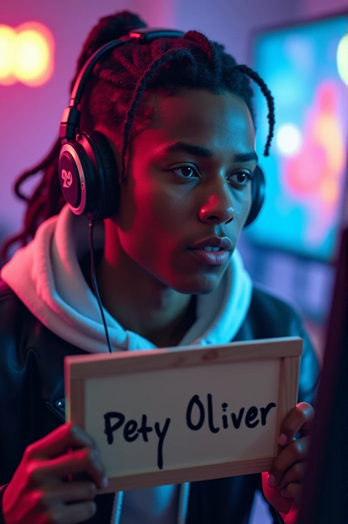 a 20 year old man named pety oliver,he has a ponytail and is dark-skinned,he is holding a sign with his name on it,while playing fortnite 