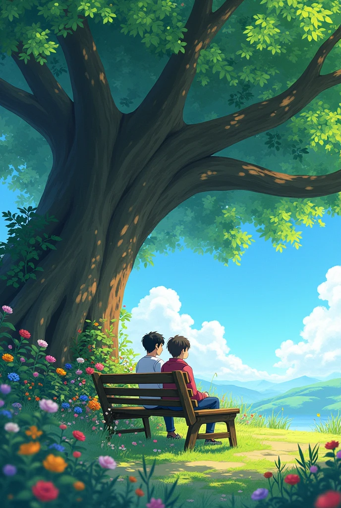 a painting of a bench under a tree, multicolored flowers, makoto shinkai and (cain kuga), makoto shinkai. high detail, by Makoto Shinkai, by makoto shinkai, anime. by makoto shinkai, ( ( makoto shinkai ) ), style of makoto shinkai, ghibli studio style, cushart, ghibli film,beautiful art uhd 4 k, a beautiful artwork illustration, beautiful digital painting, highly detailed digital painting, beautiful digital artwork, detailed painting 4 k, very detailed digital painting, rich picturesque colors, gorgeous digital painting