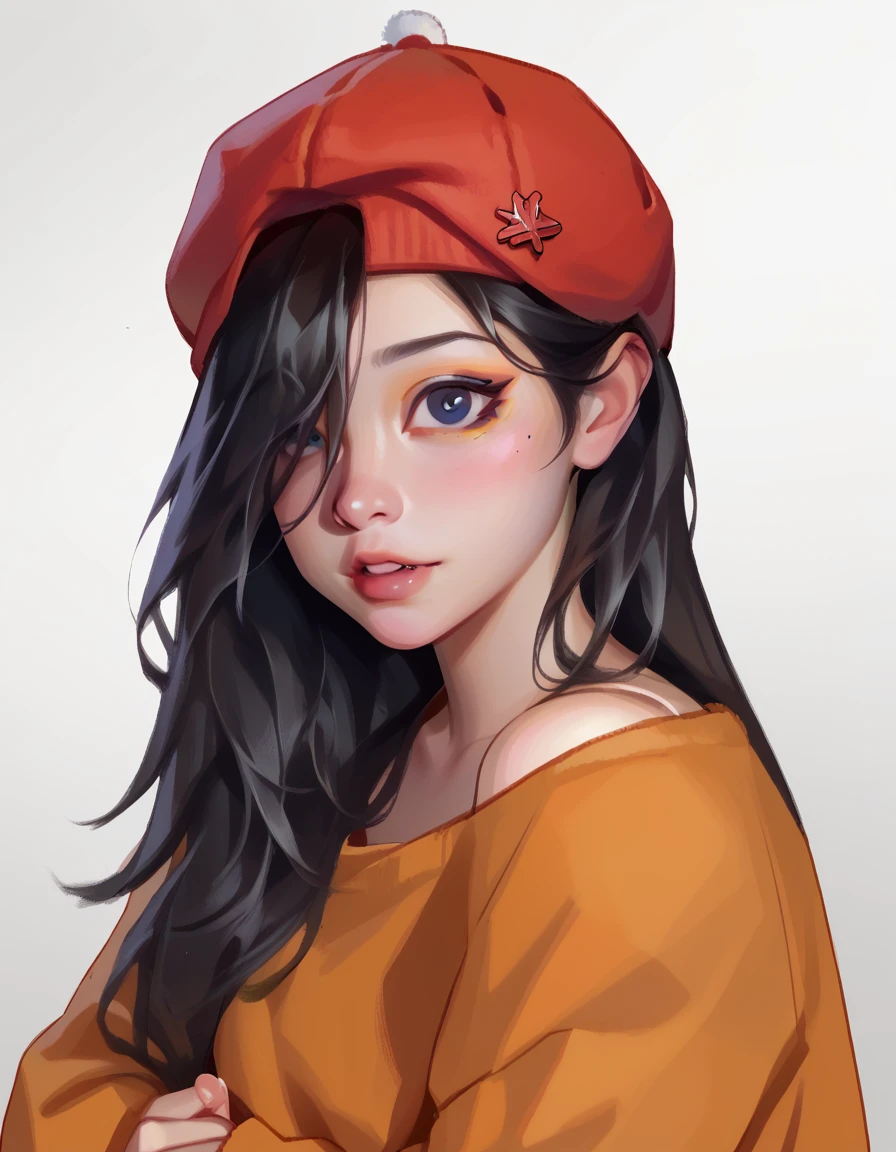 smudgy, traditional art, liu2, brush texture, score_9, score_8_up, score_7_up, 1girl, solo, orange sweater, black long hair, hair covering one eye, red knitted hat,