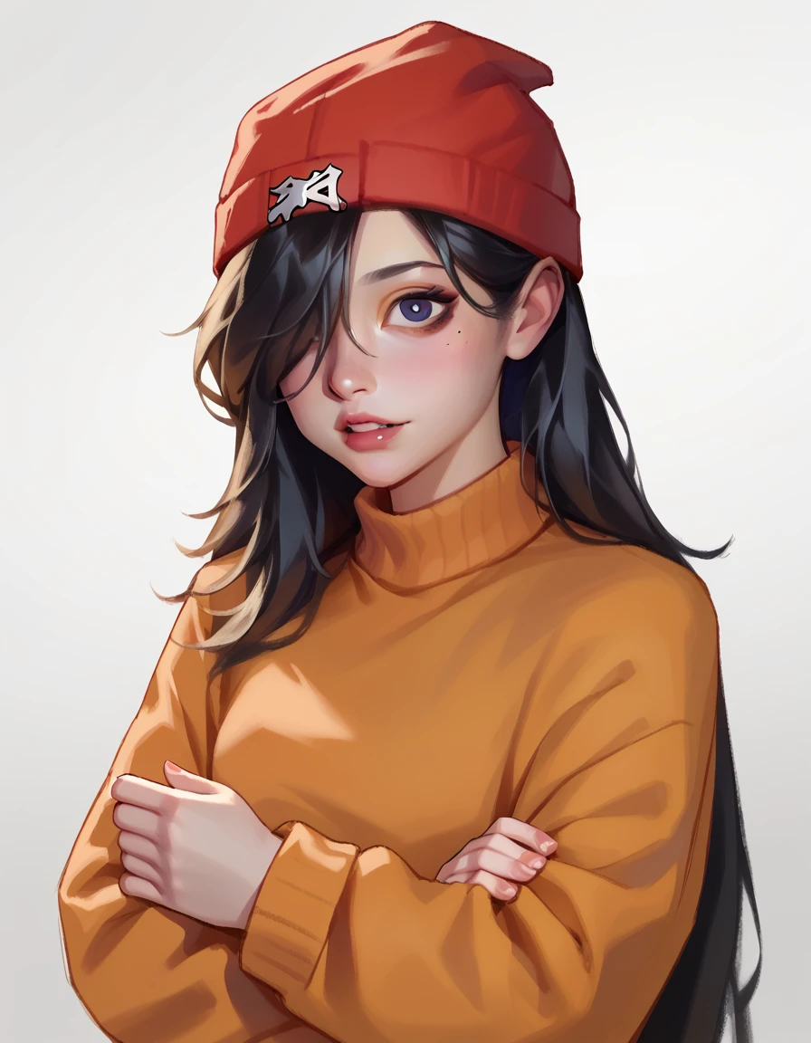 smudgy, traditional art, liu2, brush texture, score_9, score_8_up, score_7_up, 1girl, solo, orange sweater, black long hair, hair covering one eye, red knitted hat,