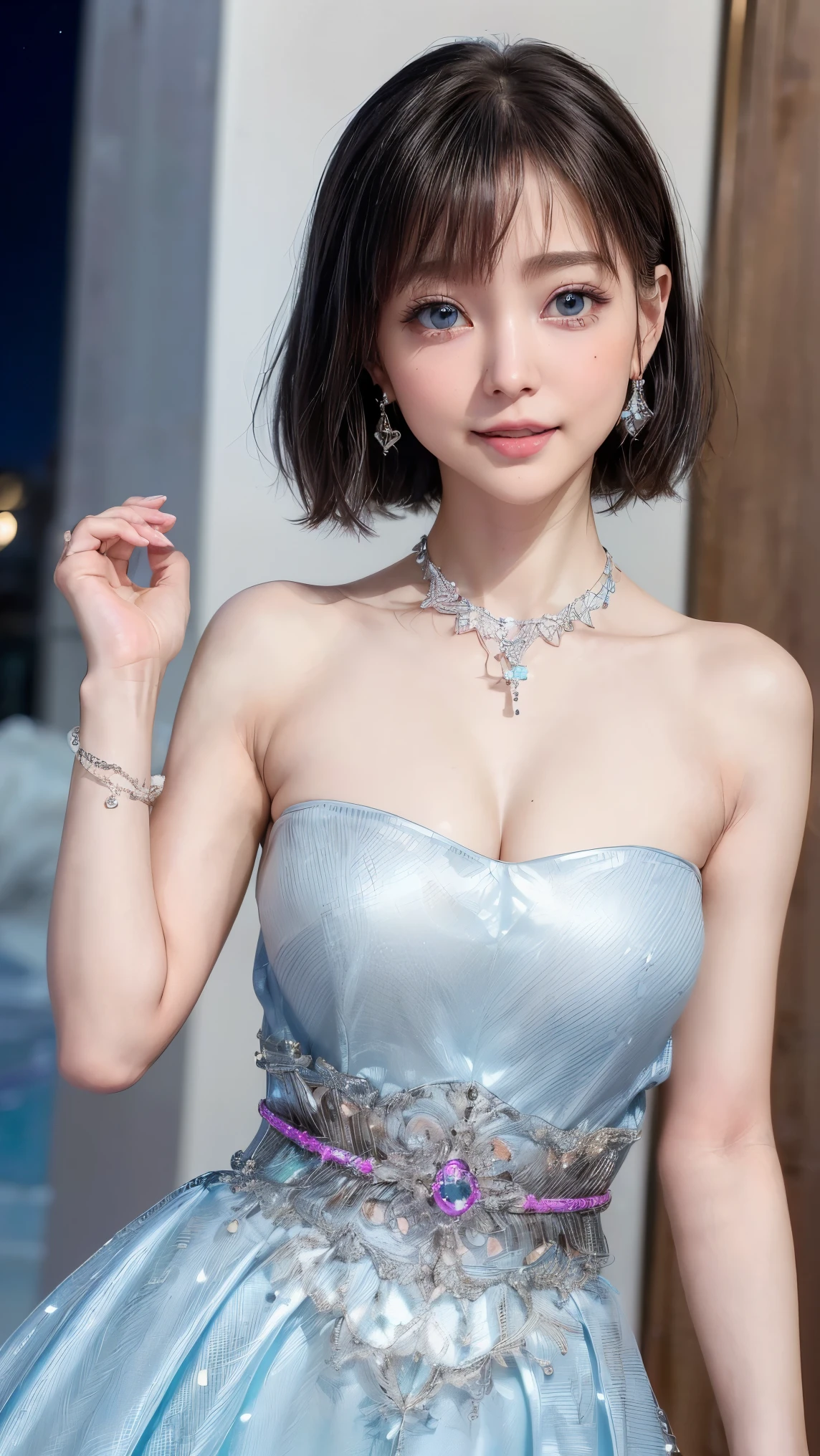 (4k quality:1.3),(Highest quality:1.3),(Whitening:1.4),(Baby Face,Girl:1.3),(The best beauty:1.5),rich,Upper Body,smile,(Strapless bejeweled dress:1.3),Overflowing breasts,(jewelry),Captivate a man,Cleavage,(Super Celebrities:1.5),(Supermodel:1.4),(Whitening:1.2),(Tight waist:1.4),(Night viewの良いホテル:1.1),(luxury:1.2),(Arisa Hanyu:1.5),(anorexia:1.4),(Night view:1.3),(Face close-up),Catchlight,(Child&#39;s face:1.6),(smile:1.1),(Light blue hair:1.3),(Half Up Hair:1.3),(Light blue eyes:1.4),(2D cuteness:1.5),(Cute Makeup),Beautiful fingertips,(Sexy and cute:1.6),(Luxury hotel:1.6),(White Gal:1.6),(Transparent white skin:1.4),(albino:1.5),(Lighting hits the subject:1.3)