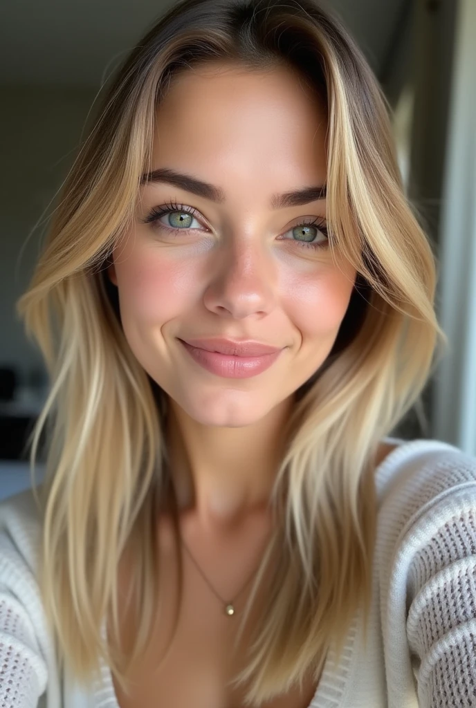 Instagram selife of a young blonde Turkish woman, 2, with a slightly rounded nose and a slightly curved jawline towards the lobes -ar 9:16 -v 5 -