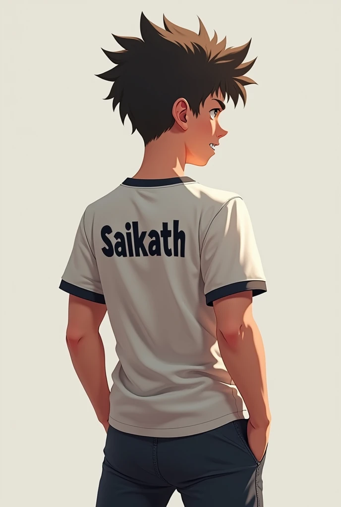 A boy in a attitude pose with the name Saikath in the back of the shirt or T shirt the boy is 20 years old