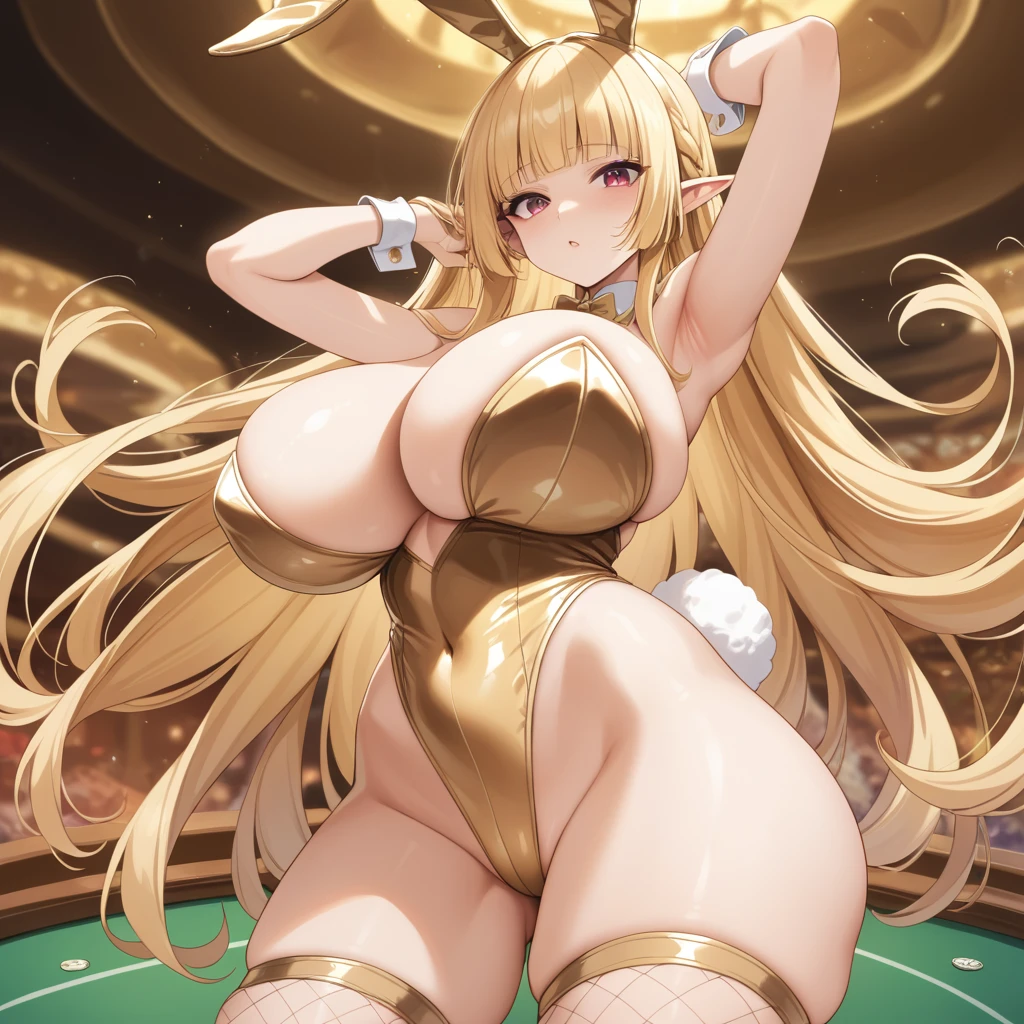 Elf, golden hair, hime cut, huge breast, thicc thigh, golden bunny outfit, deep cleavage, midriff open,  golden string net, casino, clear view, show armpits 