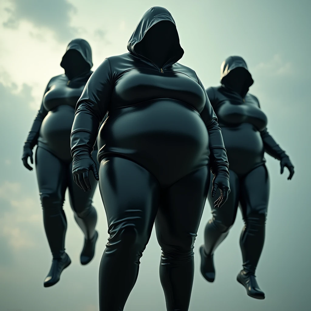 Three plus size model women with a lot of fat on their stomachs and buttocks weigh 150kg, they gained weight by eating too much, they are obese American plus size models with very big buttocks, their stomachs and buttocks are bulging and covered with a lot of fat, they are phantom thieves in black rubber suits descending from a helicopter, 4K quality
