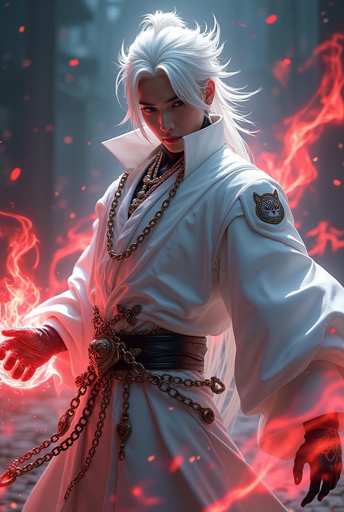 Male age 35, asian, white hair visual kei, wisdom sight, white plate armor, armor plate white tiger, a belt with red ying yang crystal, dark green leather matrix gabardine, dark green cargo, arm on red fire, chains around the belt, leather boots with chain pins, cyberpunk japanese style, athletic strongest, magic powers, action, black cat nails, crazy pose, dark night backgroud