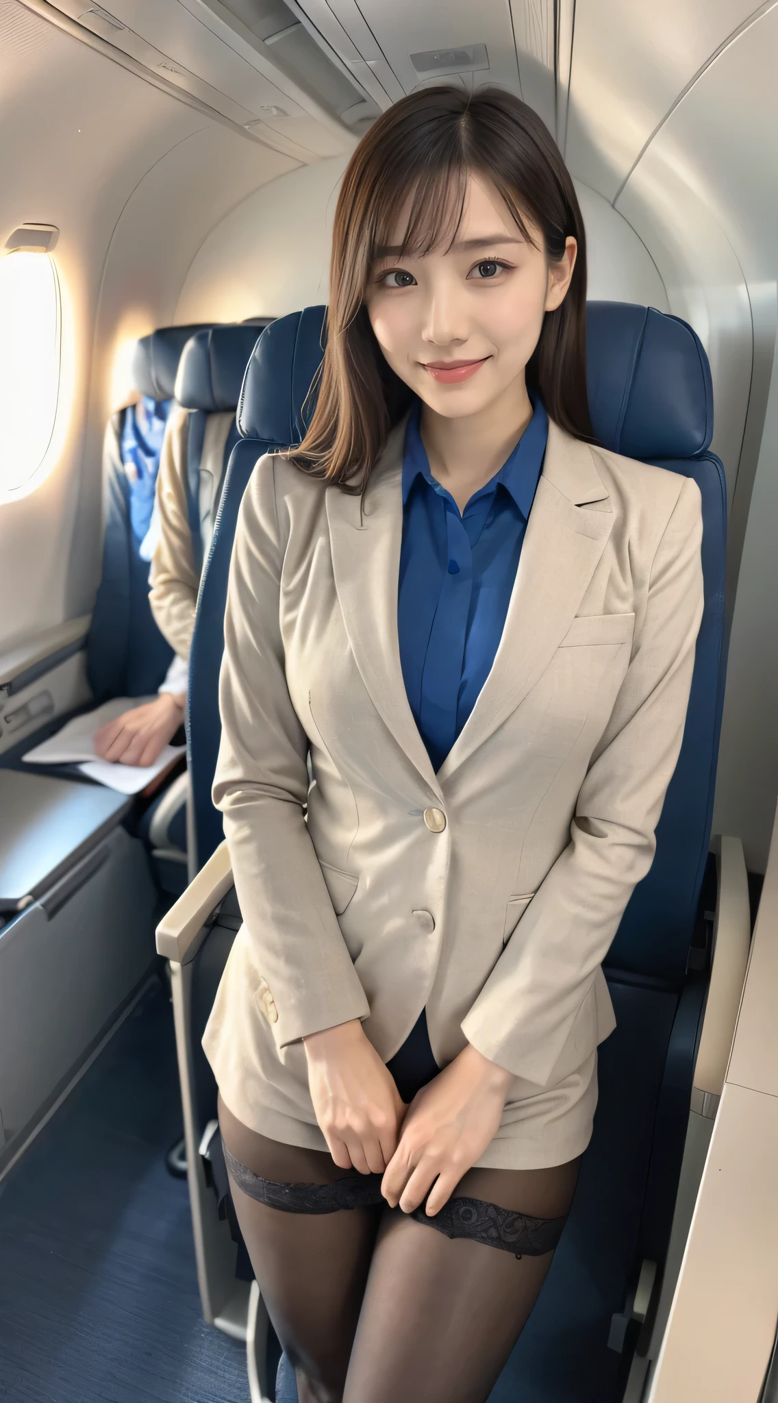 (8k, Highest quality, masterpiece:1.2), (Realistic, photo-Realistic:1.37), (High color saturation:1.0), (Very detailed肌), (Highest quality:1.0), (Ultra-high resolution:1.0) ,(Realistic:1.0), (Very detailed:1.0), (8k, RAW Photos:1.1)、Standing Random Pose, smile, Natural Breasts, Perfect lighting, Three people, 24-years-old, (mysterious), Clear and detailed, ((Ana_flight attendant, 青いflight attendant_uniform)), Beige pantyhose, (aircraft, aircraft seats), Cute Face, See the viewer behind, Visual Panty Line,