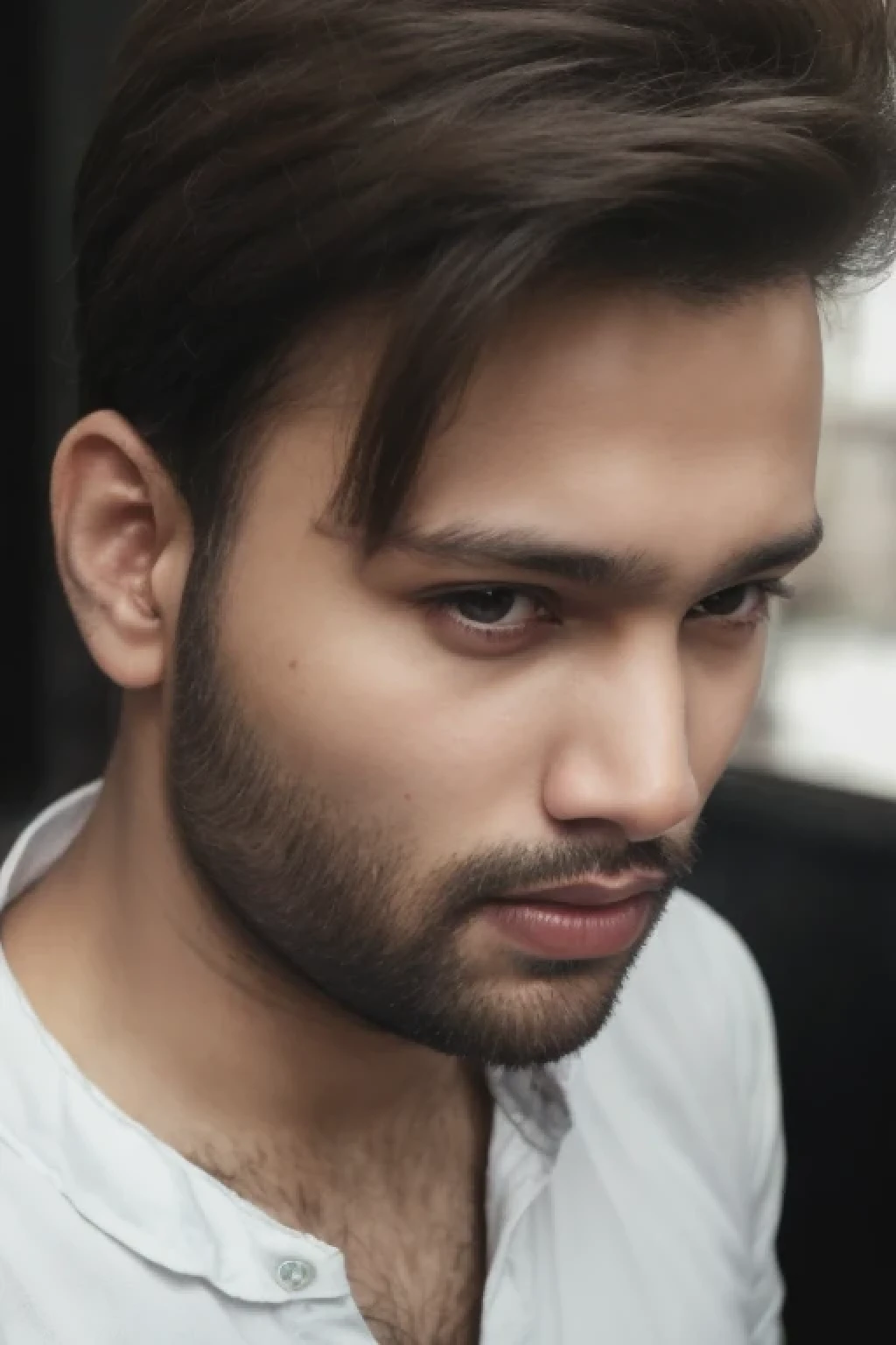 a photo of a seductive man with loose styled brown hair, bored, (textured skin, skin pores:1.1), (moles:0.8), (imperfect skin:1.1) intricate details, goosebumps, flawless face, (light freckles:0.9), ((photorealistic):1.1), (raw, 8k:1.2), dark, muted colors, slate atmosphere, potrait of khabirgazi