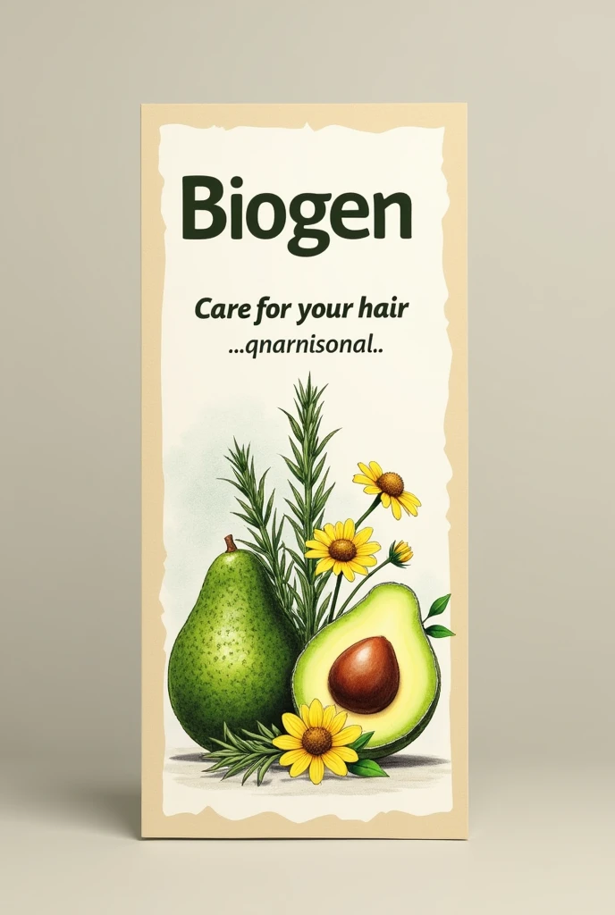 shampoo label ,on individual sheet, that has BioGen as its brand , below the brand the description , care for your hair , Below this description it says natural ingredients and below it a drawing design of two bouquets of rosemary and avocado and chamomile with yellow flowers