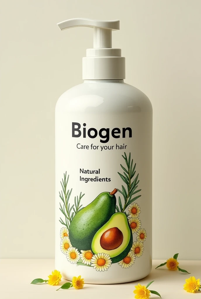shampoo label ,on individual sheet, that has BioGen as its brand , below the brand the description , care for your hair , Below this description it says natural ingredients and below it a drawing design of two bouquets of rosemary and avocado and chamomile with yellow flowers