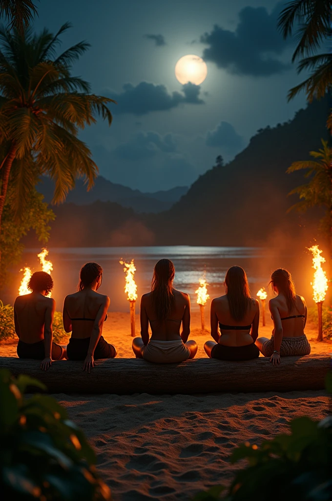 Koh lanta le conseil la nuit des canditat 9 assis sur une buche il ya des flambeau de partout 