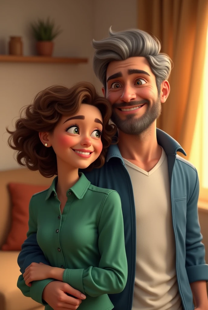 Pixar style image of a couple, full body shot. the wife is in front , She has a green shirt, She has light brown curly hair, white skin, The husband behind her is white-skinned, grey hair, shaved beard white shirt and blue jacket, They are looking away smiling.