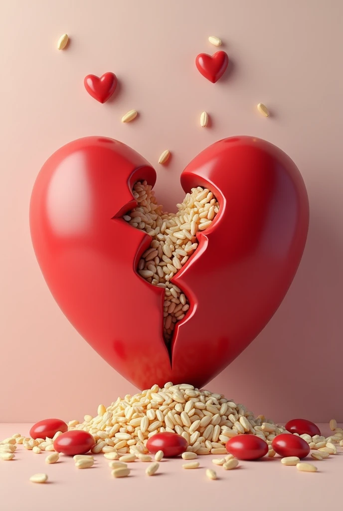 A BROKEN heart with rice and beans , with 3D lights and shadows