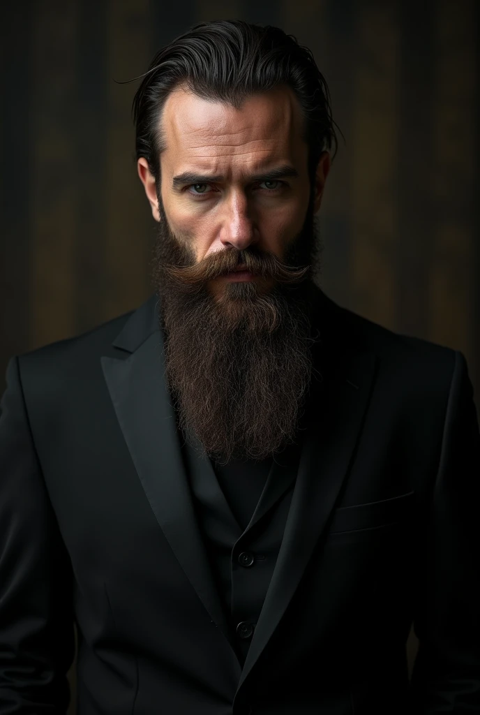 handsome man, mafia, Corleone, Italian suit, long, well-trimmed beard, adulthood, Maturity, SERIOUS LOOK, all black clothing, Photography, portrait, masterpiece, details 4k, cinematic light, punk