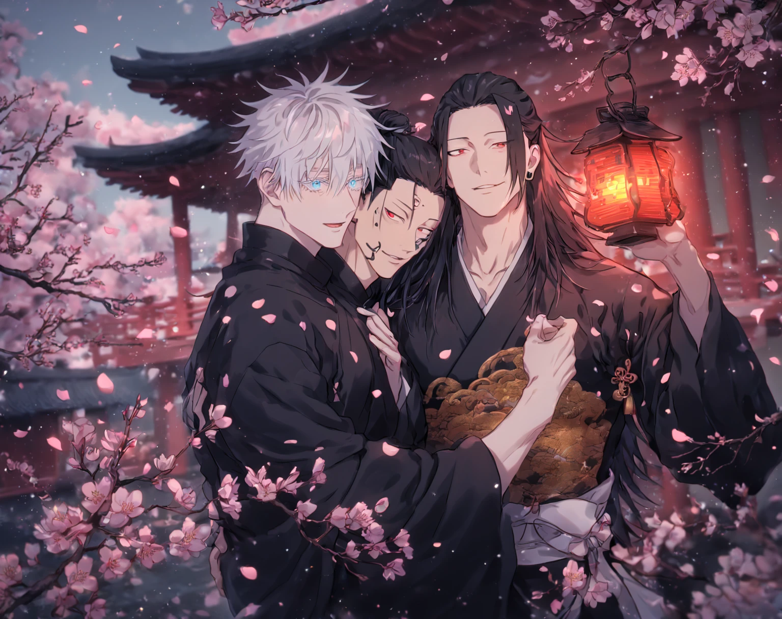 Ultra detailed, Highres, absurdres, HDR, UHD, master piece, Gojou Satoru, white hair with bangs, expressive blue eyes, white eyelashes, black Chinese clothes, Getou Suguru, black hair, long hair, expressive red eyes, Jujutsu Kaisen, two sexy man together, gay couple, yaoi, handsome, glittering, pink petals, red magical, fantasy, manly men, black Chinese clothes, accessories, Japanese house, cherry blossoms, holding a shining lantern