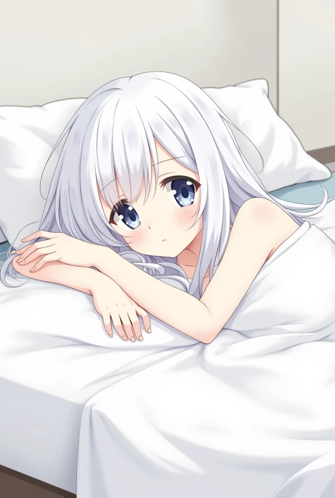 Japanese anime style，White-haired girl，On the bed，White