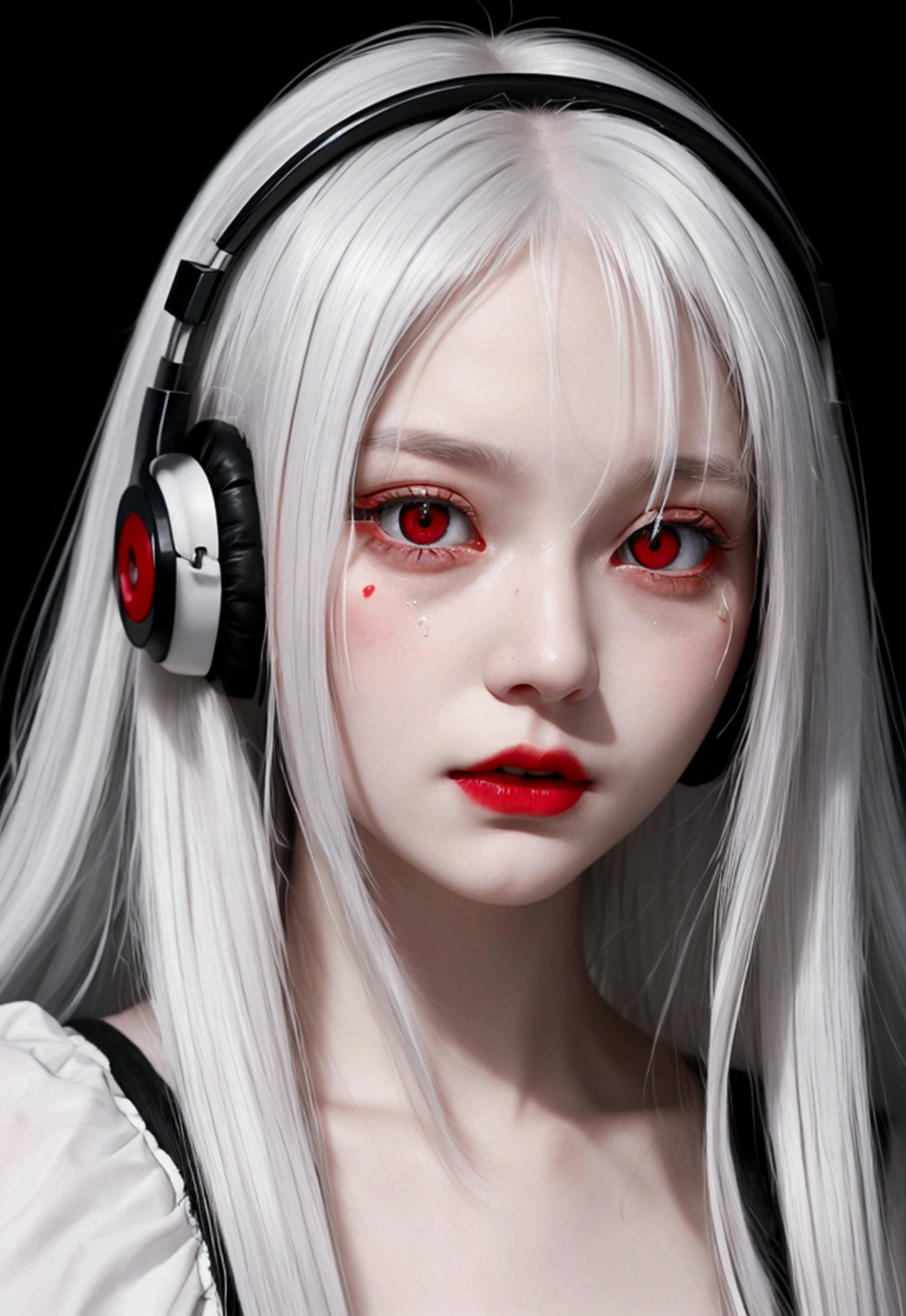 A close-up of a young girl around 19-20 years old with long white hair. Her bangs partially cover one of her eyes, giving her a mysterious look. She has red lips and striking red eyes, with tears of blood streaming down her cheeks. She is wearing headphones, and the image is focused on her face, capturing the eerie and emotional expression. The overall atmosphere is dark and slightly surreal, emphasizing the contrast between her pale skin, white hair, and the vivid red elements.