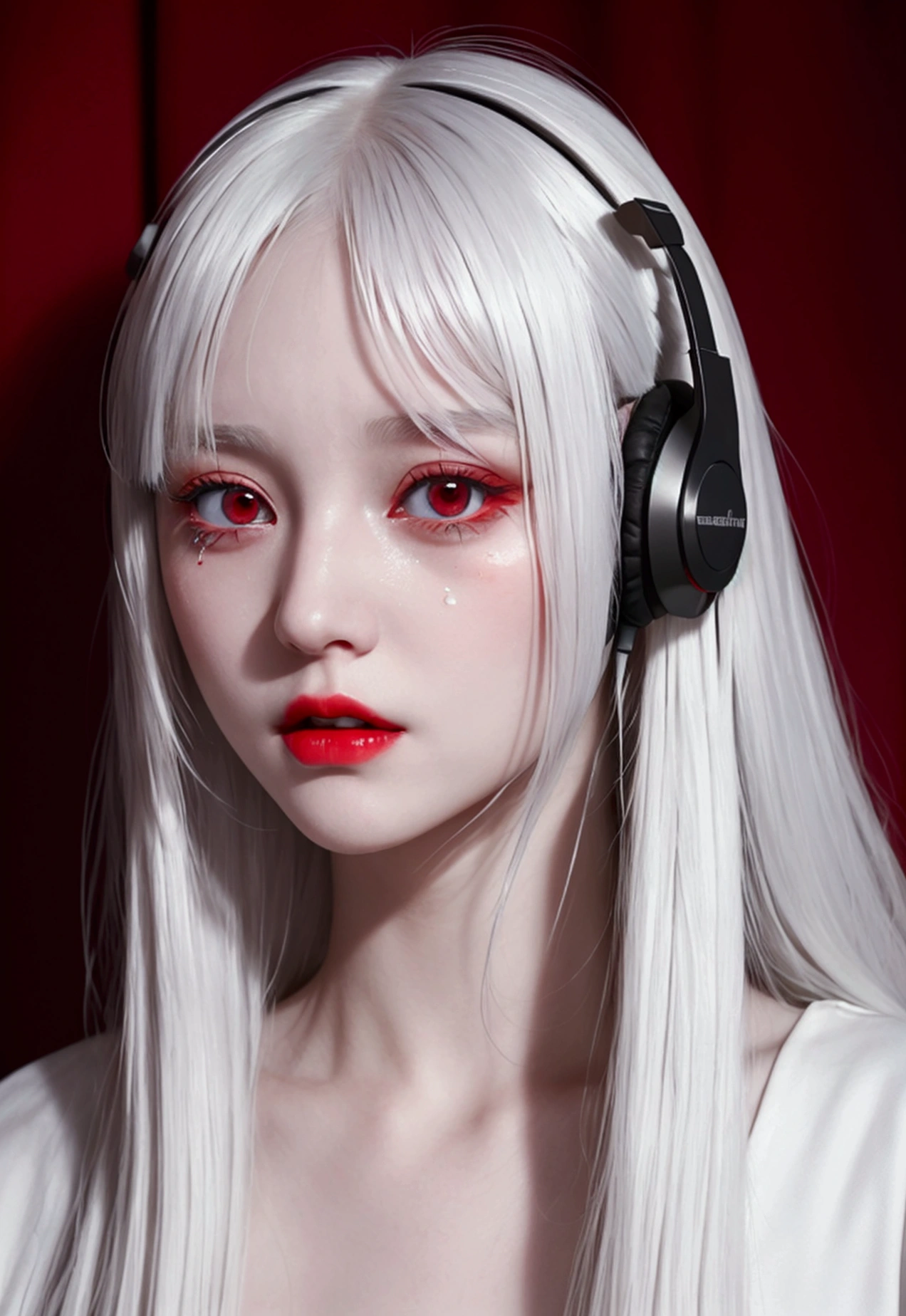 A close-up of a young girl around 19-20 years old with long white hair. Her bangs partially cover one of her eyes, giving her a mysterious look. She has red lips and striking red eyes, with tears of blood streaming down her cheeks. She is wearing headphones, and the image is focused on her face, capturing the eerie and emotional expression. The overall atmosphere is dark and slightly surreal, emphasizing the contrast between her pale skin, white hair, and the vivid red elements.