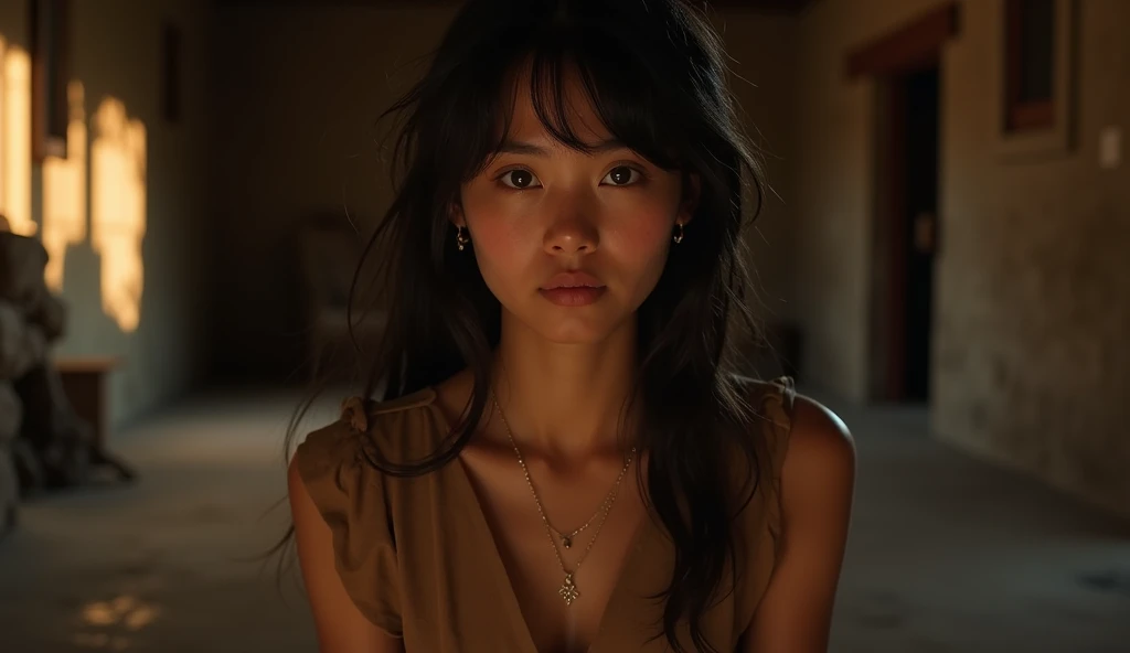 (Highest quality:1.4),(masterpiece:1.4),(Realistic:1.4),(Realistic:1.2),(超High resolution, RAW Photos:1.4),(High resolution, Very detailed:1.2),(8k:1.2),View your audience,Cinematography,One person,skeletally correct,Black-haired woman,Woman in her early 20s,(Small earrings,necklace,Brown cape collar dress),(Inside the Western-style building,Dimly lit room,The lamplight shines on my cheeks,Kneel)、Handsome boyfriend