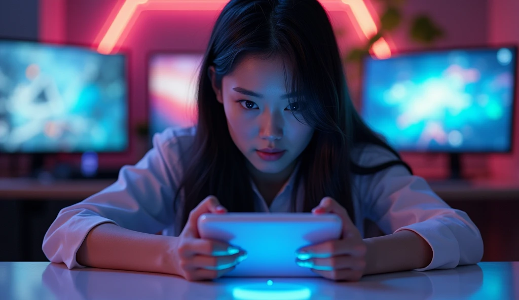 A beautiful Vietnamese girl is playing a mobile game on a table decorated in a gaming style, viewed from the bottom up.