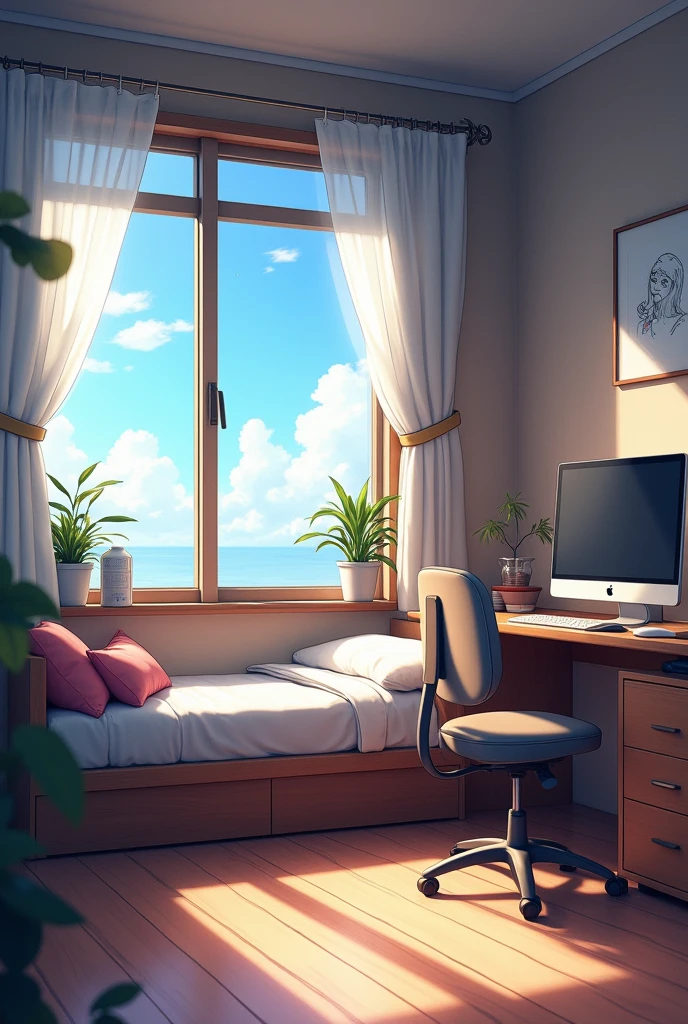 Make a simple anime room, with which you can sit by the window(there will be a sofa built into the window), have a bed a little far away and a computer desk a little bigger