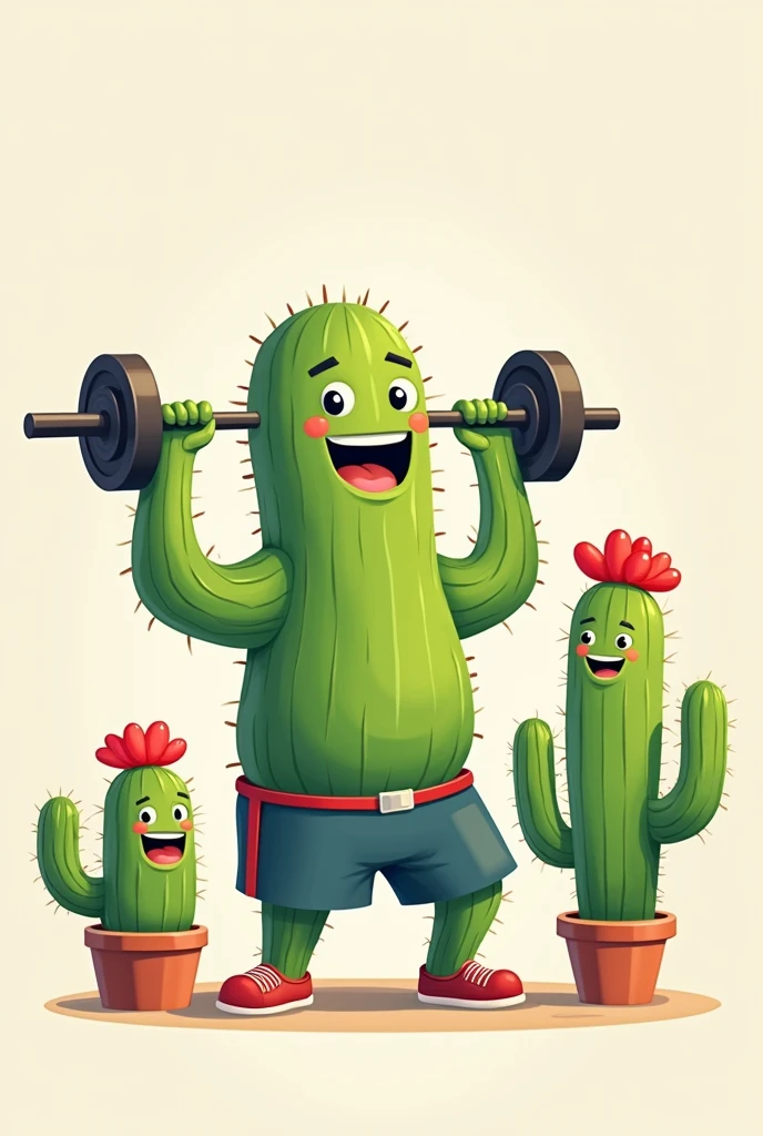 Two cactus, em formato de desenho, man and woman, with feet, in which the male cactus is doing snatch and the female is cheering,  no tail, man is squatting with the bar above his head 