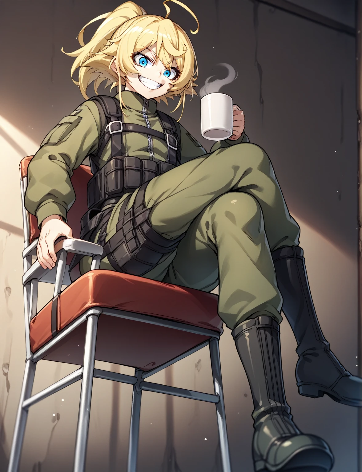 score_9, score_8_up, score_7_up,score_6_up, score_5_up, score_4_up BREAK source_anime, TanyaDegurechaff, 1girl, smile, blue eyes, blonde hair, ponytail, ahoge,jacket, military, soldier, flight suit, smile, (grin:0.7), green pants, holding, sitting, boots, cup, chair, crossed legs, holding cup, mug, view from below, dark room,