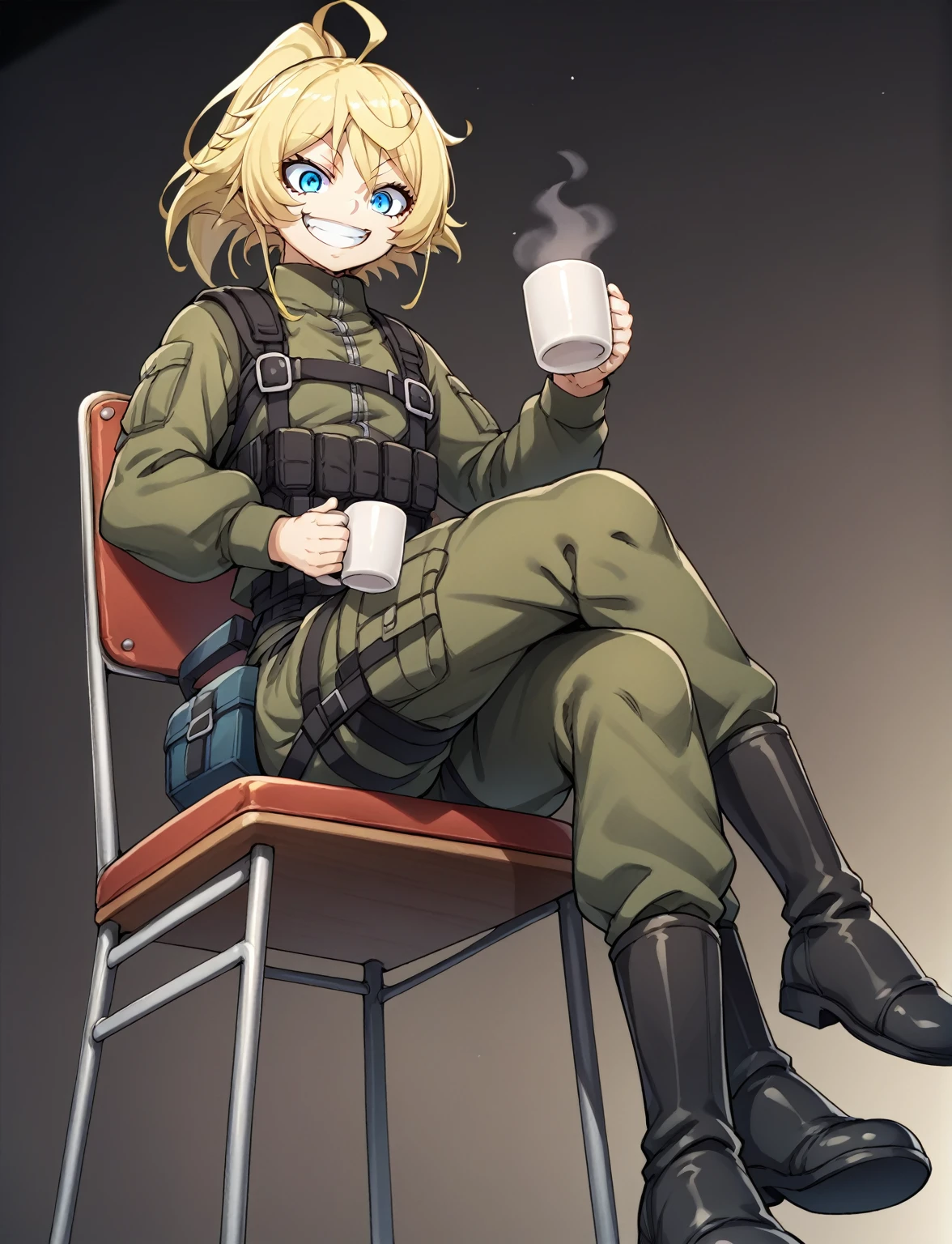 score_9, score_8_up, score_7_up,score_6_up, score_5_up, score_4_up BREAK source_anime, TanyaDegurechaff, 1girl, smile, blue eyes, blonde hair, ponytail, ahoge,jacket, military, soldier, flight suit, smile, (grin:0.7), green pants, holding, sitting, boots, cup, chair, crossed legs, holding cup, mug, view from below, dark room,