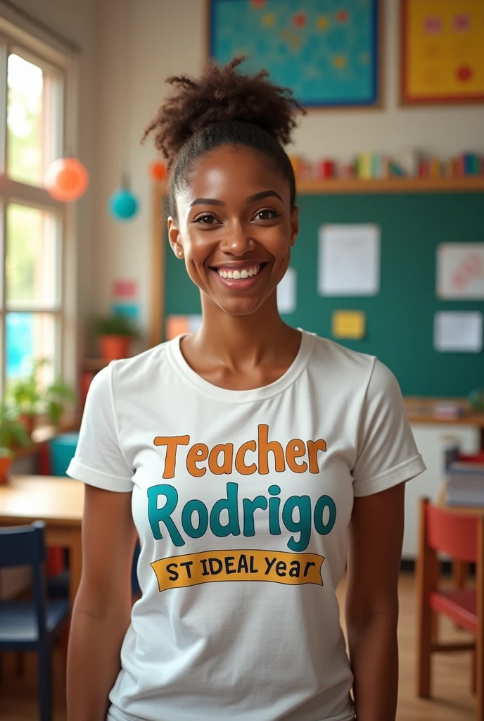 An image of a teacher with a t-shirt that says teacher Rodrigo school year 2024-2025, a lively and creative teacher 