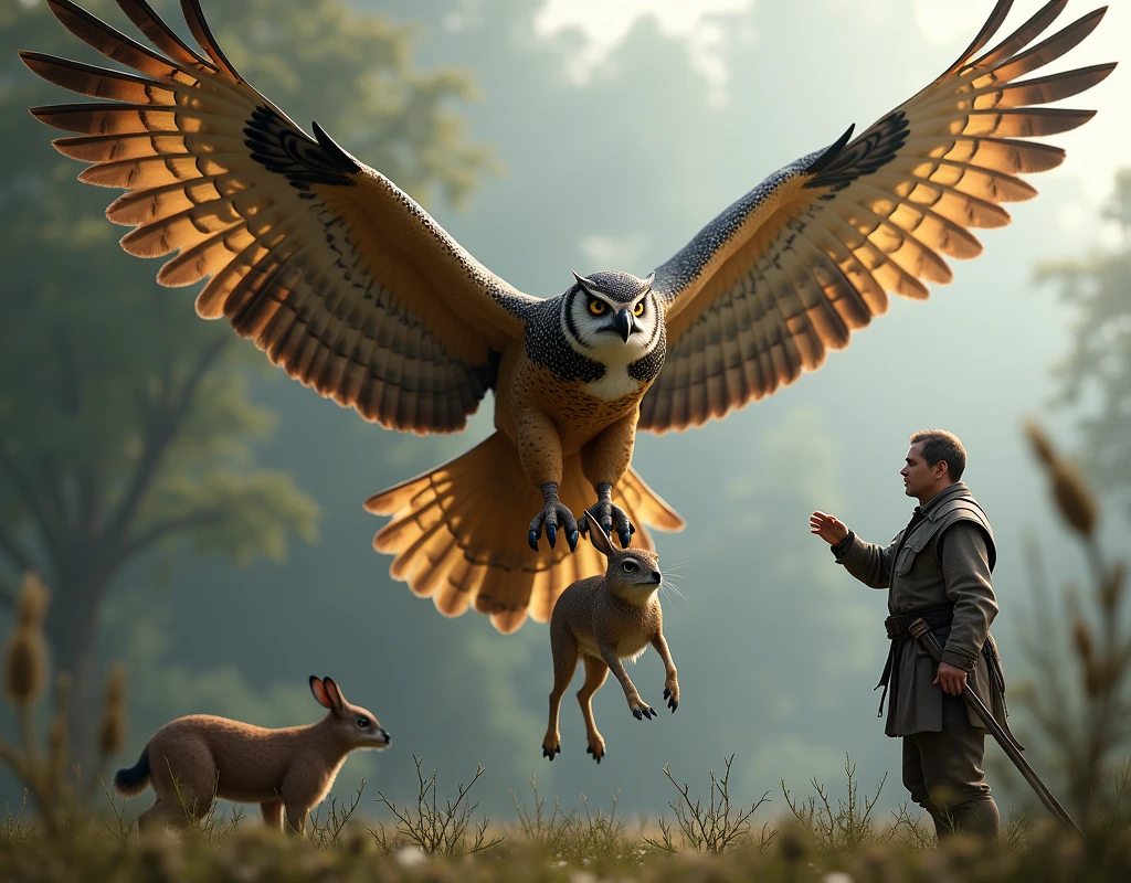 an eagle owl, with wings spread, and ultra-detailed digital art by Beeple, trending on CGSociety, digital art, the owl. Beeple. Hyperrealism, hyperrealistic, the owl flies majestically releasing a hare in the hands of a falconer, ultra detailed claws, hyperrealistic hare, majestic owl flying, hare releasing its claws, dynamic and realistic wing movement hare falling into the hands of a falconer.falconer collect hare