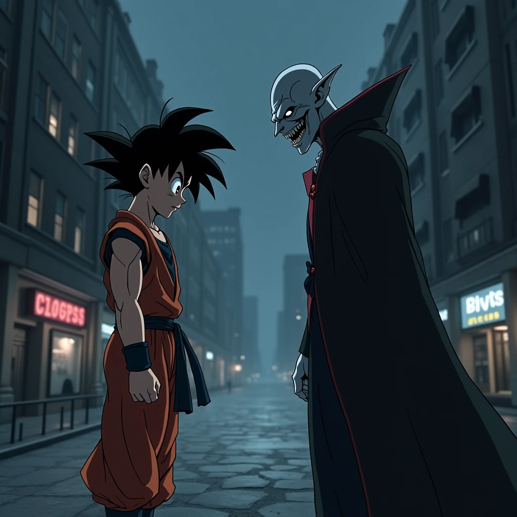 Draw Goku feeding tomato sauce to the vampire while blindfolded, in a dark city 