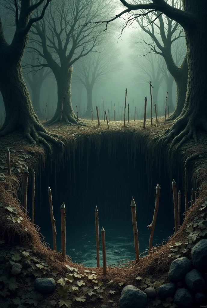 hole with wooden stakes inside the hole, trap
