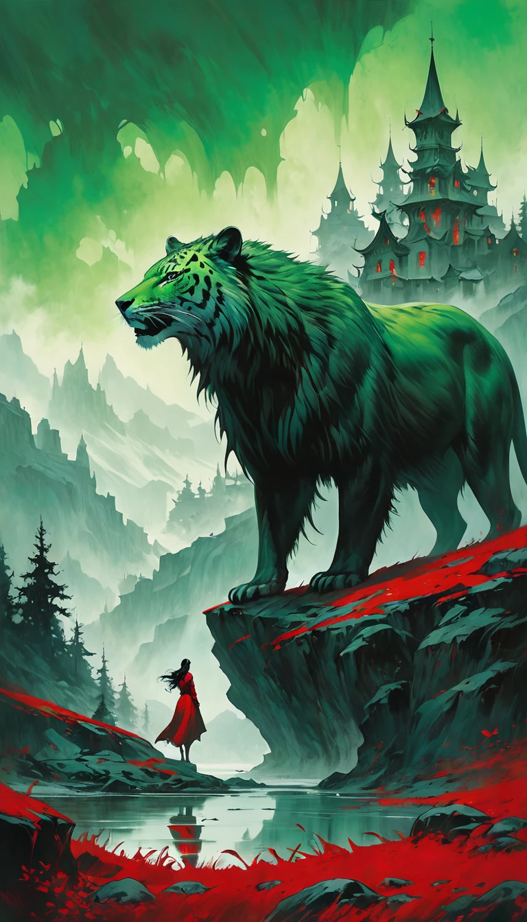 artist by Gerald Brom,inside the village,wild animals,light tones,(smooth strokes),fine sketches,Vivid,Moody,Landscapes,Fantasy,Dark,landscape oil painting, red and green colors
