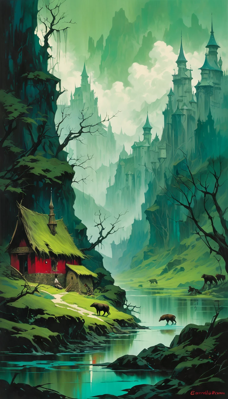 artist by Gerald Brom,inside the village,wild animals,light tones,(smooth strokes),fine sketches,Vivid,Moody,Landscapes,Fantasy,Dark,landscape oil painting, red and green colors