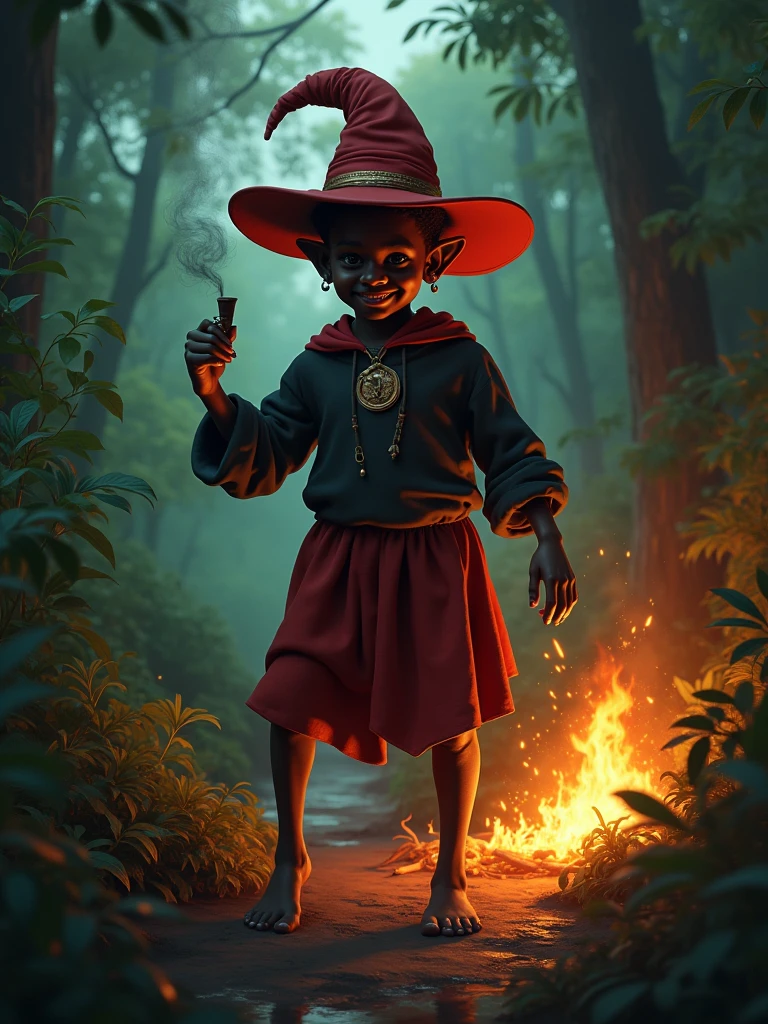 Hyper-realistic, 8K, high quality, ultra-detailed digital painting of Saci, the iconic figure of Brazilian folklore, depicted as a one-legged black boy with an amputated right leg, wearing a magical red hat, holding a smoking pipe, with a mischievous expression on his face, captured mid-trick. Utilizing advanced 3D rendering techniques for lifelike textures and intricate details. Dramatic lighting akin to Rembrandt's chiaroscuro, highlighting the contrast between light and shadow in the dense Brazilian forest at dusk. Vibrant color palette inspired by Brazilian artists such as Tarsila do Amaral, with rich greens of the forest complementing the warm oranges and reds of the hidden bonfire. Atmospheric perspective creates depth in the forest scene, with precise detailing in the foreground that gradually softens towards the background. Hyper-detailed textures on Saci's clothing, skin, and surroundings, demonstrating expert digital brushwork. Cinematic composition adheres to the rule of thirds, utilizing leading lines that guide the view