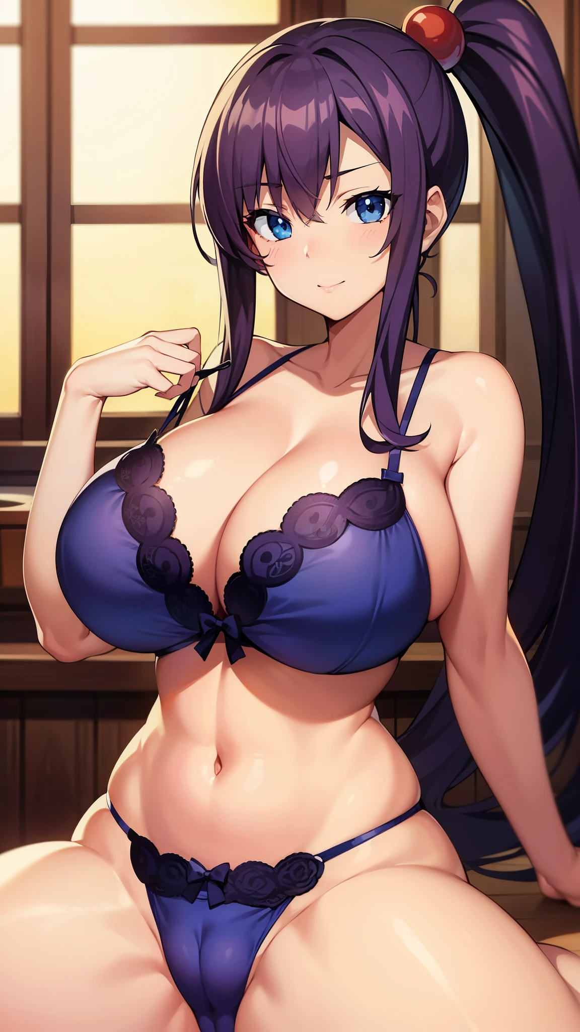 gigantic breasts, Anime cel drawing style, Best Quality, High resolution, gigantic breasts:1.8, bra, blue eyes, Purple hair, Bangs, Side Ponytail, Hair Ornament, lingerie,seductive, cameltoe