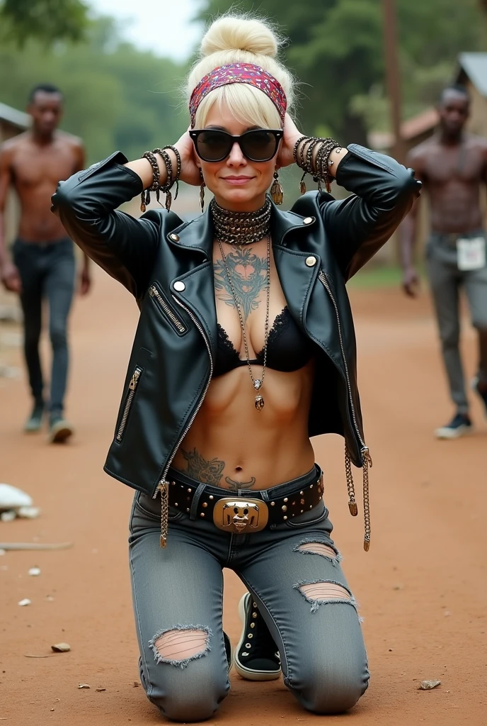 russian old milf woman, blonde platinum hair (bougfant, top bun) and oversized square sunglasses and wide colourful bandana as headband), with very light green eyes, extremely pale. No tan. Wearing aged black moto jacket (zippers on the side, and round plastic badges on collar). Black shiny latex push up bra and visible thong straps,, dark skinny low rise grey jeans with holes on knees ( patched with colourful fabric). Black tennis sneakers with white laces Lots of thick wide studded bracelets, chain collars and big rings. Tacky wide studded leather belt with big skull and bones oval buckle. Long earrings with chains and feathers. Kneeling on the ground, stretching her neck.. Hands touching her hair, Toned abdominals, thin neck, slim legs and thin arms. Narrow hips. Heavily tattooed in colour on chest, hands, neck and arms. Dirt road in Nairobi, shirtless men behing. Garbage and waste on the ground.